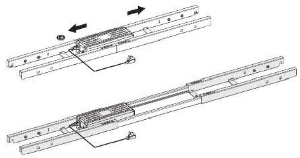 Technical diagram showing mechanical assembly with labeled components and directional arrows indicating motion or assembly.