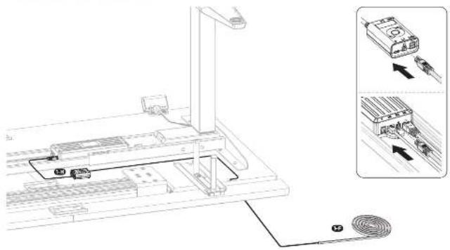 Technical diagram of a laptop with labeled components and instructional arrows indicating assembly or operation steps