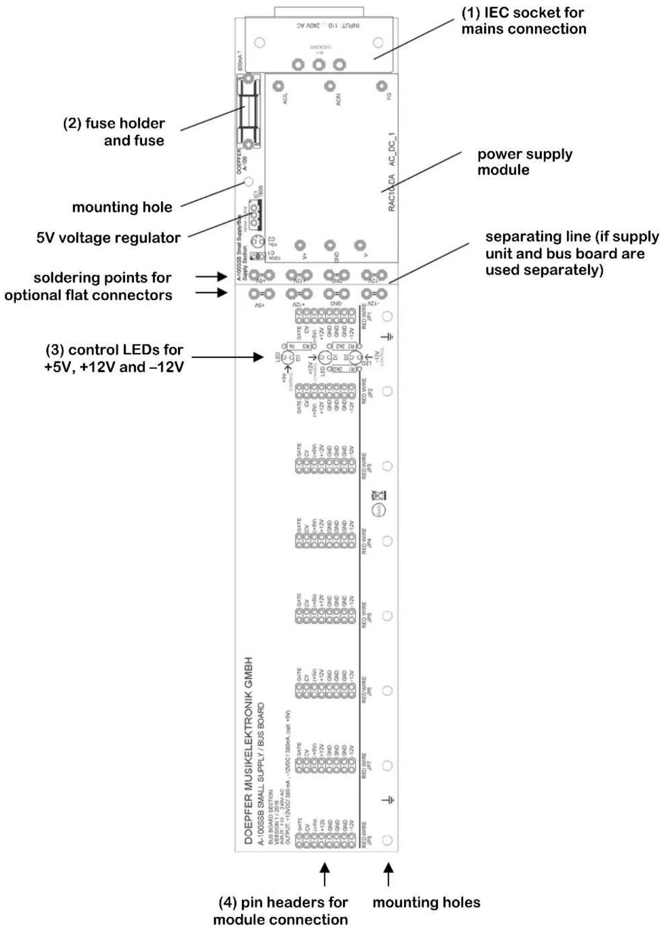 (1) IEC socket for mains connection (2) fuse holder and fuse mounting hole 5V voltage regulator soldering points for optional flat connectors power supply module separating line (if supply unit and bus board are used separately) (3) control LEDs for +5V, +12V and -12V DOEPFER MUSIKELEKTRONIK GMBH A-100SSB SMALL SUPPLY / BUS BOARD BUS BOARD SECTION VEREDR1/ 1/ 2016 OUTPUT 19.72VDD 300mA -2*DC1380mA (ref +4V) DATE: DCT DV: VND HD: HND +12V +12V LED: DCT GND GND GND GND GND +12V +12V RED WIRE: JP3 RED WIRE: JP4 RED WIRE: JP5 RED WIRE: JP6 RED WIRE: JP7 RED WIRE: JP8 RED WIRE: JP9 RED WIRE: JP10 RED WIRE: JP11 RED WIRE: JP12 RED WIRE: JP13 RED WIRE: JP14 RED WIRE: JP15 RED WIRE: JP16 RED WIRE: JP17 RED WIRE: JP18 RED WIRE: JP19 RED WIRE: JP20 RED WIRE: JP21 RED WIRE: JP22 RED WIRE: JP23 RED WIRE: JP24 RED WIRE: JP25 RED WIRE: JP26 RED WIRE: JP27 RED WIRE: JP28 RED WIRE: JP29 RED WIRE: JP30 RED WIRE: JP31 RED WIRE: JP32 RED WIRE: JP33 RED WIRE: JP34 RED WIRE: JP35 RED WIRE: JP36 RED WIRE: JP37 RED WIRE: JP38 RED WIRE: JP39 RED WIRE: JP40 RED WIRE: JP41 RED WIRE: JP42 RED WIRE: JP43 RED WIRE: JP44 RED WIRE: JP45 RED WIRE: JP46 RED WIRE: JP47 RED WIRE: JP48 RED WIRE: JP49 RED WIRE: JP50 RED WIRE: JP51 RED WIRE: JP52 RED WIRE: JP53 RED WIRE: JP54 RED WIRE: JP55 RED WIRE: JP56 RED WIRE: JP57 RED WIRE: JP58 RED WIRE: JP59 RED WIRE: JP60