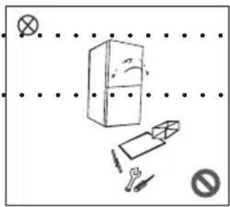 Safety warning illustration showing a refrigerator with a sad face, broken into a safety symbol (no text present)