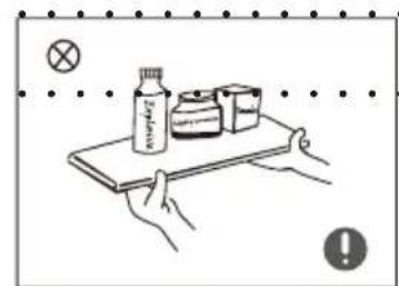Diagram showing a hand holding a tray with a bottle, a box, and a cross symbol, likely illustrating a safety or inspection procedure.