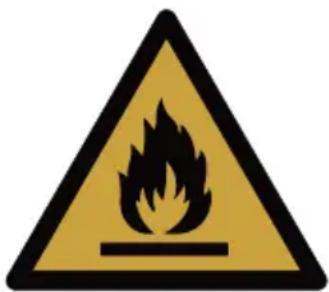 Warning sign depicting a flame symbol with hazard symbol, commonly used in safety or hazard prevention.