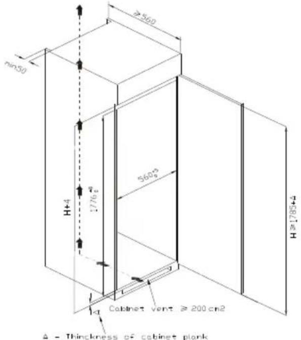 ≥560 min30 H+4 1776" 560" Cabinet vent ≥ 200 cm2 Δ - Thickness of cabinet plank H≥1785+4