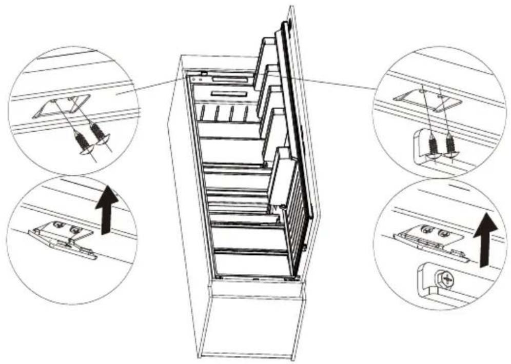 Technical diagram showing assembly steps of a mechanical device with three circular insets illustrating different components.