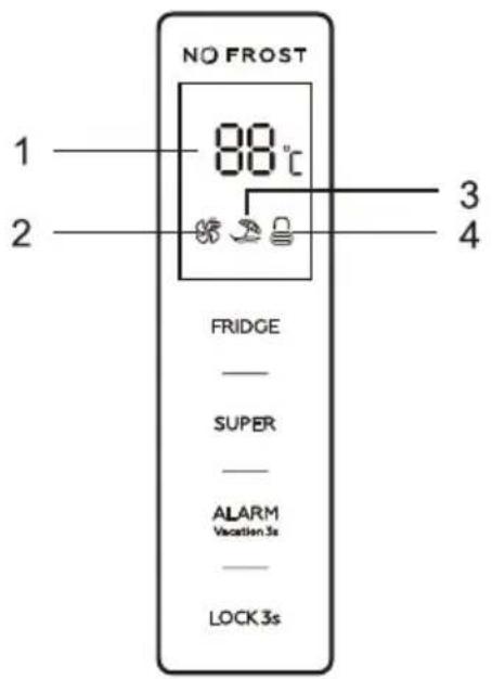 NO FROST 1 —— 88°C 2 —— 3 —— 4 —— FRIDGE — SUPER — ALARM Vacation 3s — LOCK 3s