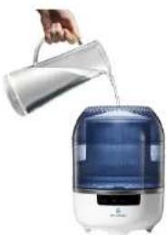 Hand pouring liquid into a white electric air fryer with a blue interior (no text or symbols visible)