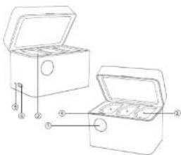 Technical diagram of two open labeled boxes with numbered components, likely illustrating a mechanical or electrical assembly.