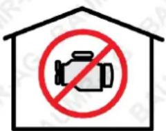Safety warning sign showing a camera inside a house with no text or symbols