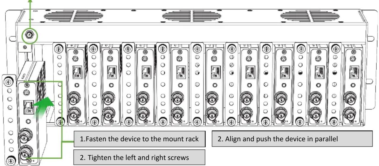 1. Fasten the device to the mount rack 2. Align and push the device in parallel 2. Tighten the left and right screws