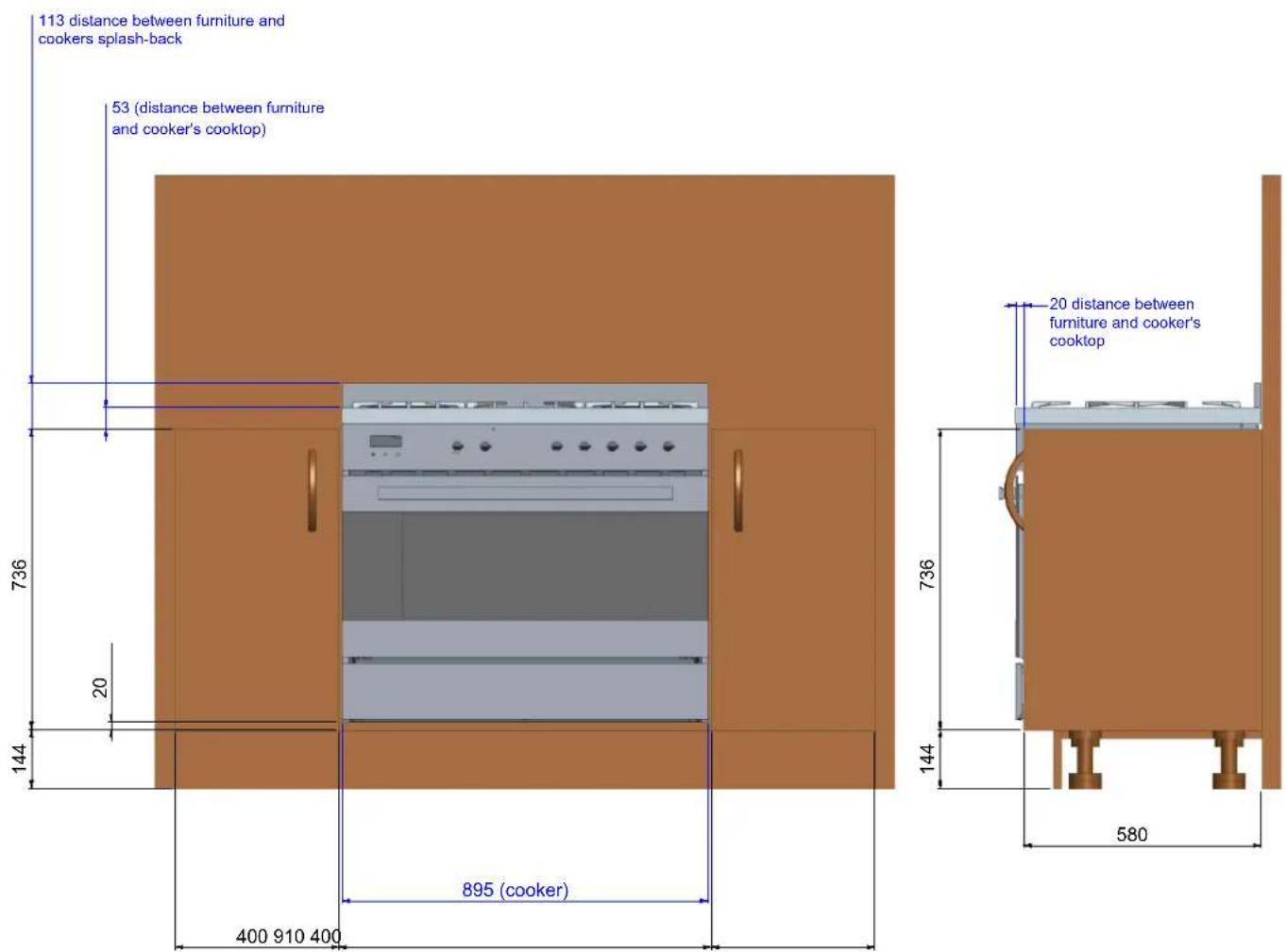 113 distance between furniture and cookers splash-back 53 (distance between furniture and cooker's cooktop) 736 20 144 895 (cooker) 400 910 400 20 distance between furniture and cooker's cooktop 736 144 580