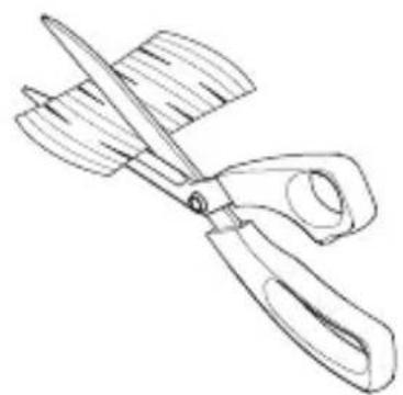 Line drawing of a pair of scissors cutting through a plastic sheet (no text or symbols)