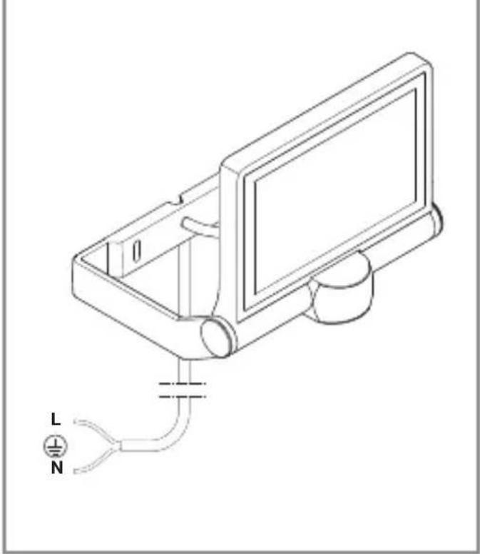 Technical line drawing of a device with labeled terminals (L and N) and a cable, no text or symbols present.