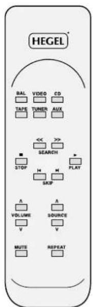 HEGEL BAL VIDEO CD TAPE TUNER AUX << >> SEARCH STOP H M PLAY SKIP A VOLUME SOURCE V V MUTE REPEAT