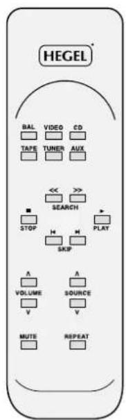 HEGEL BAL VIDEO CD TAPE TUNER AUX << >> SEARCH STOP H M PLAY SKIP A A VOLUME SOURCE V V MUTE REPEAT