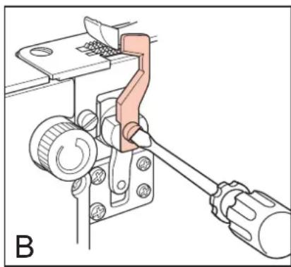 Mechanical assembly diagram showing a lever mechanism with a tool and component (no text or symbols)
