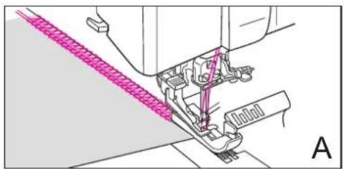 Technical line drawing of a sewing machine needle stitching fabric, showing thread and base components (no text or symbols)