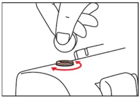 Illustration of a hand using a tool to adjust a circular component with a red curved arrow (no text or symbols)