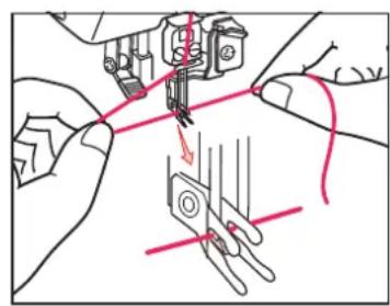 Diagram of hands operating a sewing machine with red lines indicating connection points (no text or symbols present)