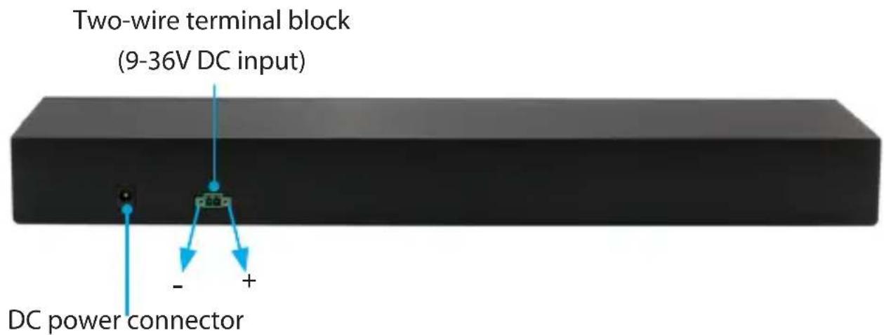 Two-wire terminal block (9-36V DC input) DC power connector - +