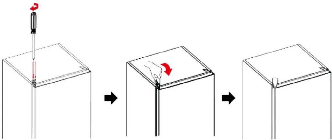 Diagram illustrating a step-by-step assembly of a mechanical component with red directional arrows indicating motion or force.