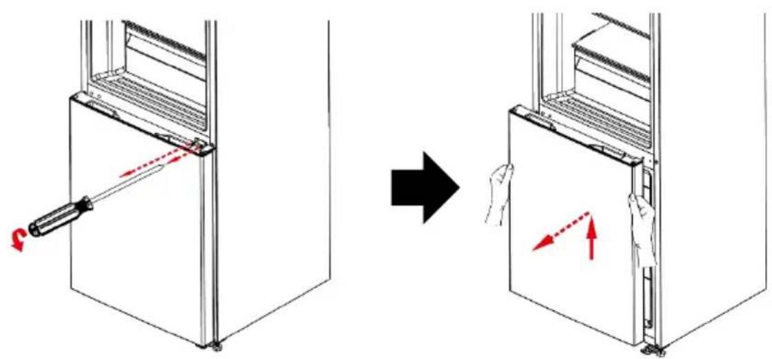 Diagram illustrating the process of lifting a device into a refrigerator, with red arrows indicating motion direction.
