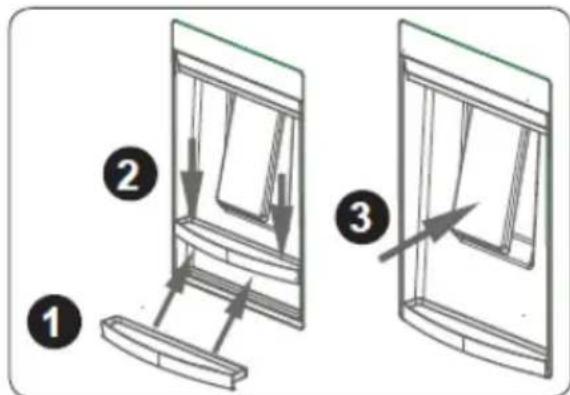 Diagram illustrating three steps of window frame installation: step 1 shows a slide with arrows indicating movement, steps 2 shows a window frame with arrows indicating placement, and step 3 shows the same frame with an arrow indicating insertion.