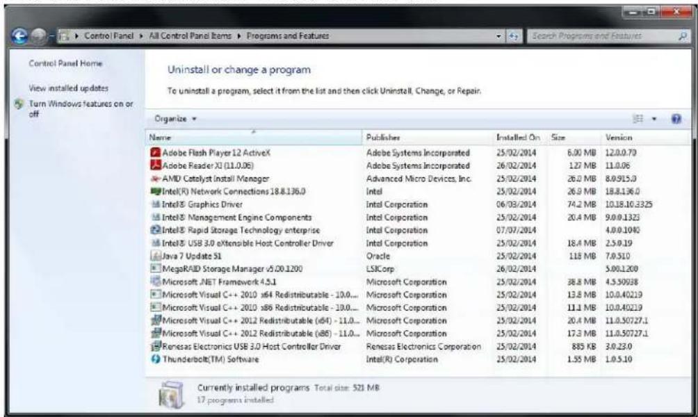 Control Panel Home View installed updates Turn Windows features on or off Uninstall or change a program To uninstall a program, select it from the list and then click Uninstall, Change, or Repair. Organize Name Publisher Installed On Size Version Adobe Flash Player 12 ActiveX Adobe Systems Incorporated 25/02/2014 6.00 MB 12.0.0.70 Adobe Reader XJ (11.0.06) Adobe Systems Incorporated 26/02/2014 127 MB 11.0.06 AMD Catalyst Install Manager Advanced Micro Devices, Inc. 25/02/2014 26.0 MB 8.0.915.0 Intel(R) Network Connections 18.8.136.0 Intel 25/02/2014 26.9 MB 18.8.136.0 Intel® Graphics Driver Intel Corporation 06/03/2014 74.2 MB 10.18.10.3325 Intel® Management Engine Components Intel Corporation 25/02/2014 20.4 MB 9.0.0.1323 Intel® Rapid Storage Technology enterprise Intel Corporation 07/07/2014 4.0.0.1040 Intel® USB 3.0 xTenable Host Controller Driver Intel Corporation 25/02/2014 18.4 MB 2.5.0.19 Java 7 Update S1 Oracle 25/02/2014 118 MB 7.0.510 MegaRAID Storage Manager v5.20.1200 LSICorp 26/02/2014 5.00.1200 Microsoft .NET Framework 4.5.1 Microsoft Corporation 25/02/2014 38.8 MB 4.5.50928 Microsoft Visual C++ 2010 x64 Redistributable - 10.0... Microsoft Corporation 25/02/2014 13.8 MB 10.0.40219 Microsoft Visual C++ 2010 x86 Redistributable - 13.0... Microsoft Corporation 25/02/2014 11.1 MB 10.0.40219 Microsoft Visual C++ 2012 Redistributable (x64) - 11.0... Microsoft Corporation 25/02/2014 20.4 MB 11.0.50727.1 Microsoft Visual C++ 2012 Redistributable (x85) - 11.0... Microsoft Corporation 25/02/2014 17.3 MB 11.0.50727.1 Renesas Electronics USB 3.0 Host Controller Driver Renesas Electronics Corporation 25/02/2014 885 KB 3.0.23.0 Thunderbolt(TM) Software Intel(R) Corporation 25/02/2014 1.55 MB 1.0.5.10 Currently installed programs Total size: 521 MB 17 programs installed