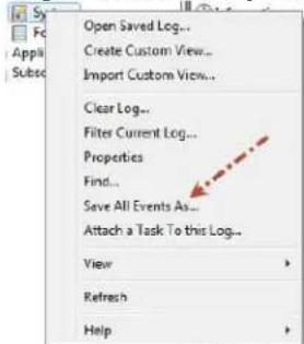 Open Saved Log... Create Custom View... Import Custom View... Clear Log... Filter Current Log... Properties Find... Save All Events As... Attach a Task To this Log... View Refresh Help