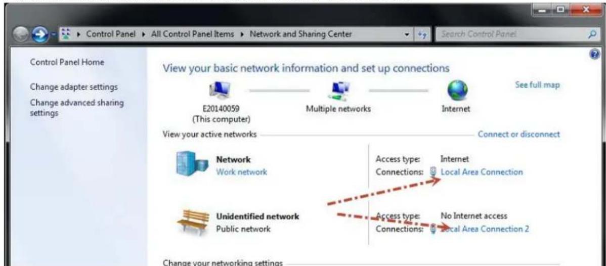 Control Panel Home Change adapter settings Change advanced sharing settings View your basic network information and set up connections E20140059 (This computer) Multiple networks Internet See full map View your active networks Connect or disconnect Network Work network Access type: Internet Connections: Local Area Connection Unidentified network Public network Access type: No Internet access Connections: Local Area Connection 2 Change your networking settings