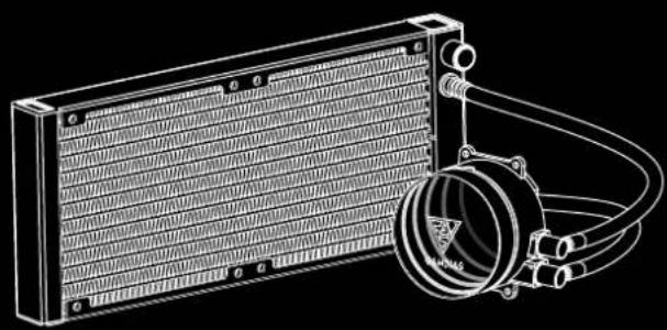 Technical line drawing of a heat exchanger with cooling fins and a coiled hose (no text or symbols)