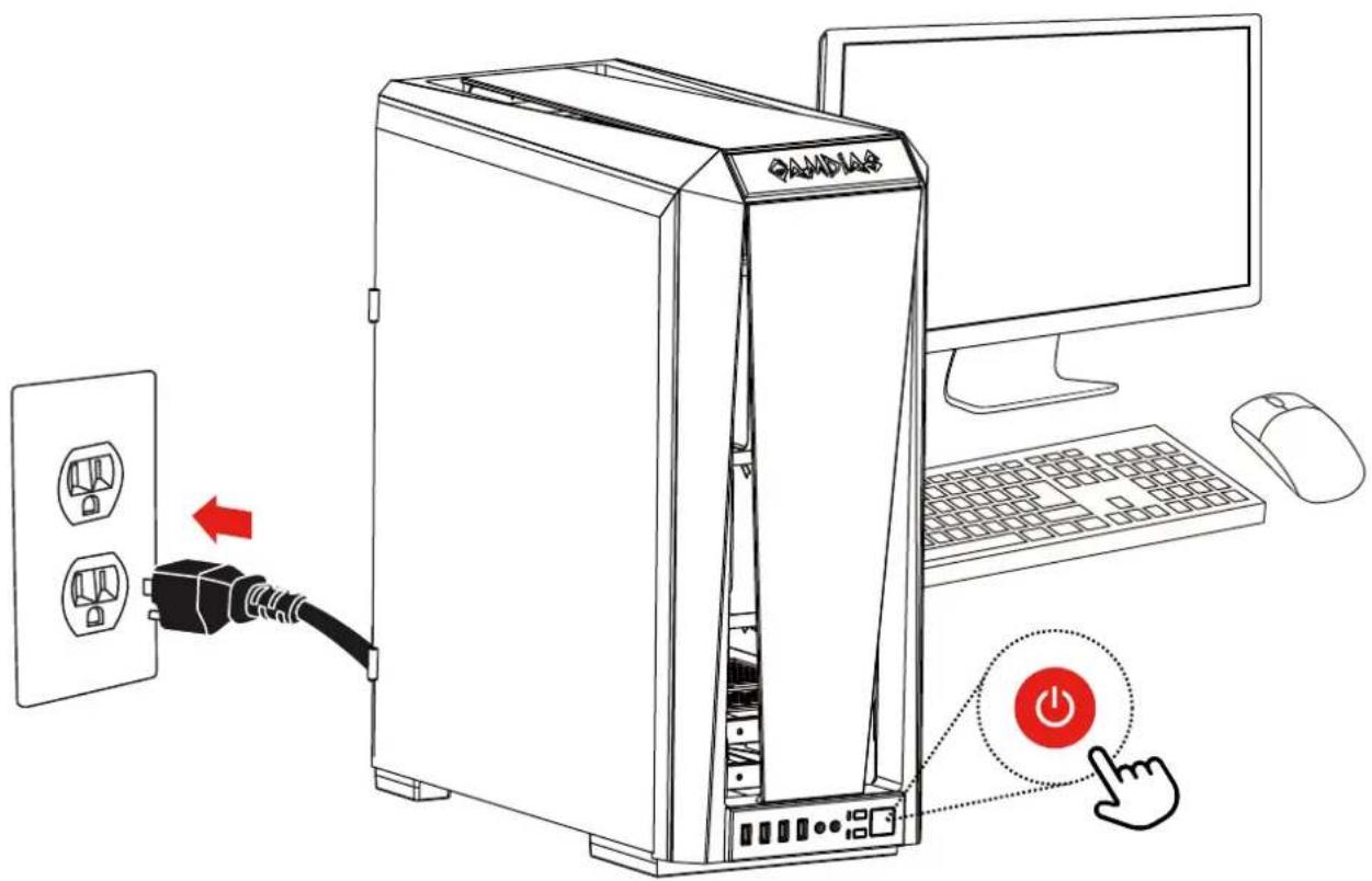 Diagram showing computer setup with a desktop tower, power plug, mouse, and mouse cursor, highlighting a button labeled 'Power' with a red arrow.