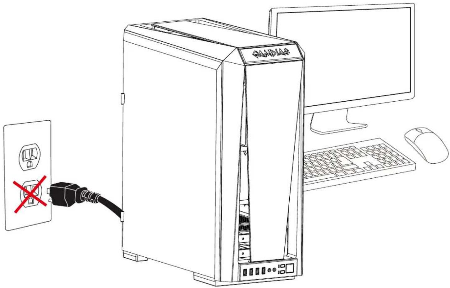 Line drawing of a desktop computer setup showing a CPU, mouse, and power outlet with a red X mark indicating disconnection.