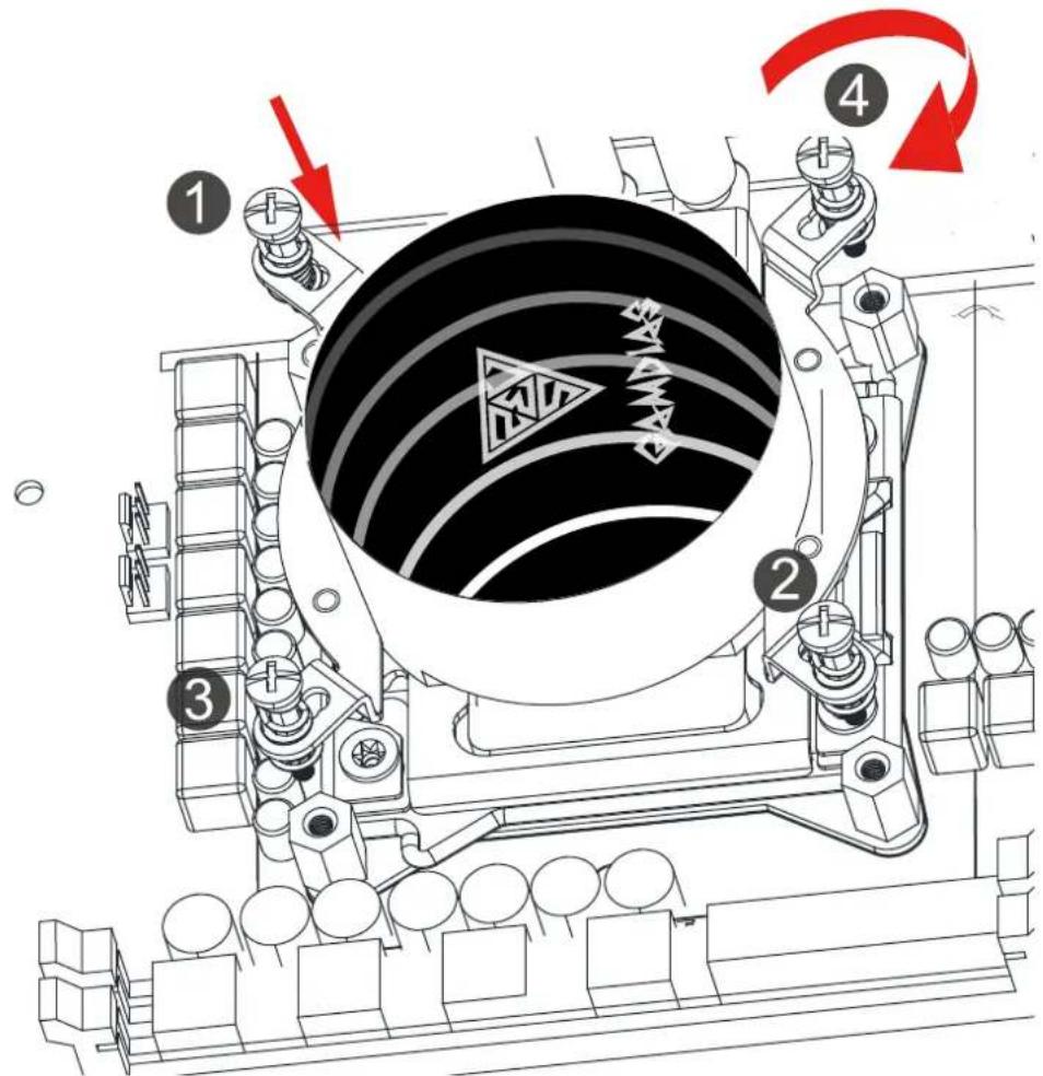 Technical diagram of a mechanical assembly with numbered components and red arrows indicating motion or rotation.