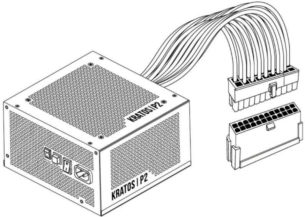 Technical line drawing of a Kratos I P2 power supply module with connected cables and connectors (no text or symbols)