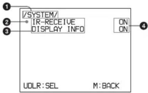 /SYSTEM/ IR-RECEIVE DISPLAY INFO ON ON UDLR:SEL M:BACK