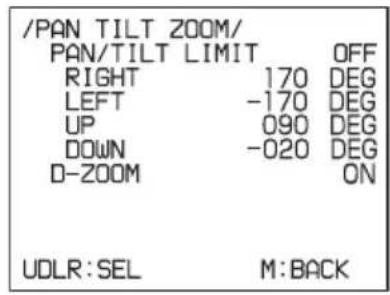 /PAN TILT ZOOM/ PAN/TILT LIMIT OFF RIGHT 170 DEG LEFT -170 DEG UP 090 DEG DOWN -020 DEG D-ZOOM ON UDLR: SEL M: BACK