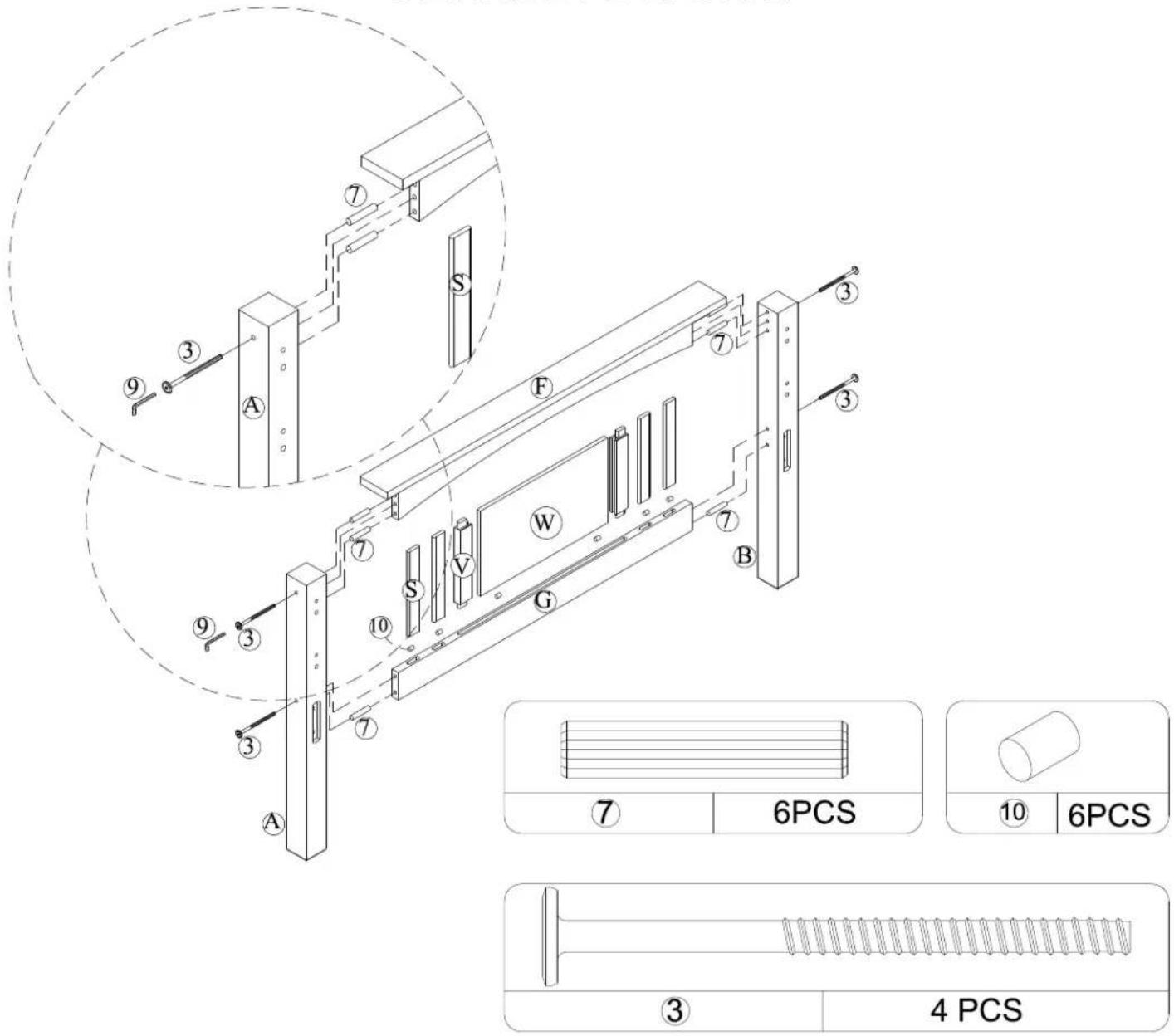 Technical diagram of a mechanical assembly with labeled components and 6PCS/4 PCS specifications