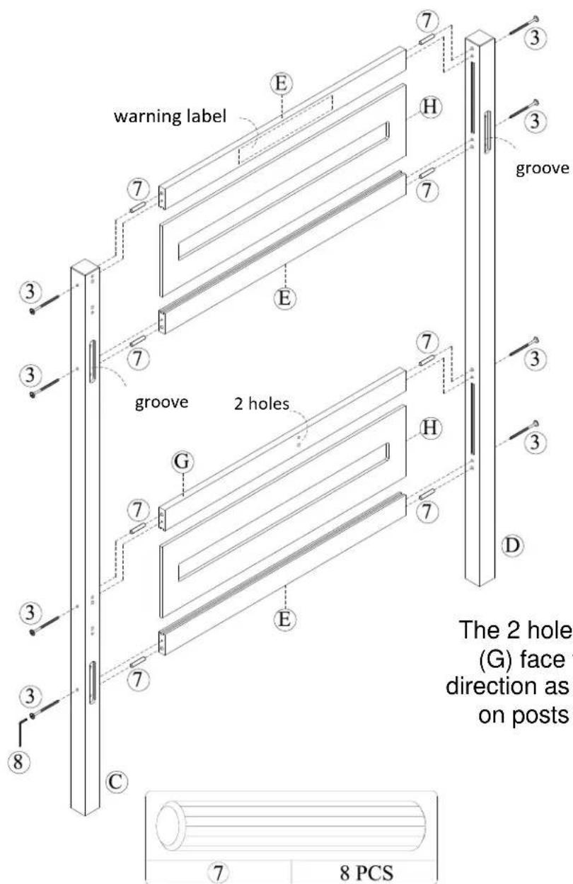 warning label E H 7 3 3 7 7 E groove 2 holes G H 7 3 3 7 7 D The 2 holes (G) face direction as on posts 8 PCS 7