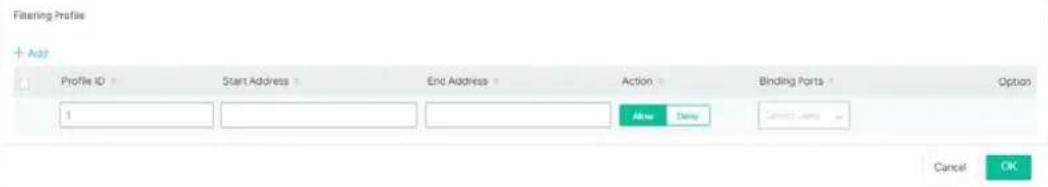 Filtering Profile + Add Profile ID Start Address End Address Action Binding Ports Option 1 Allow Delay Cancel Cancel OK