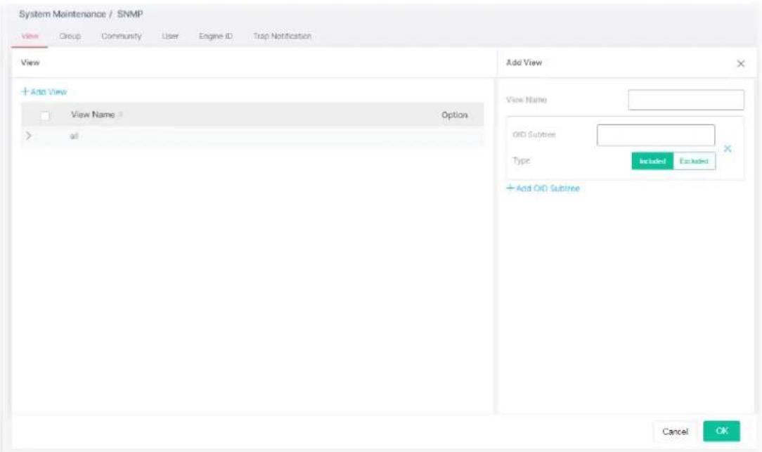System Maintenance / SNMP View Group Community User Engine ID Trap Notification View Add View View Name Option > all Add View View Name OID Subtree Type Included Excluded + Add OID Subtree Cancel OK