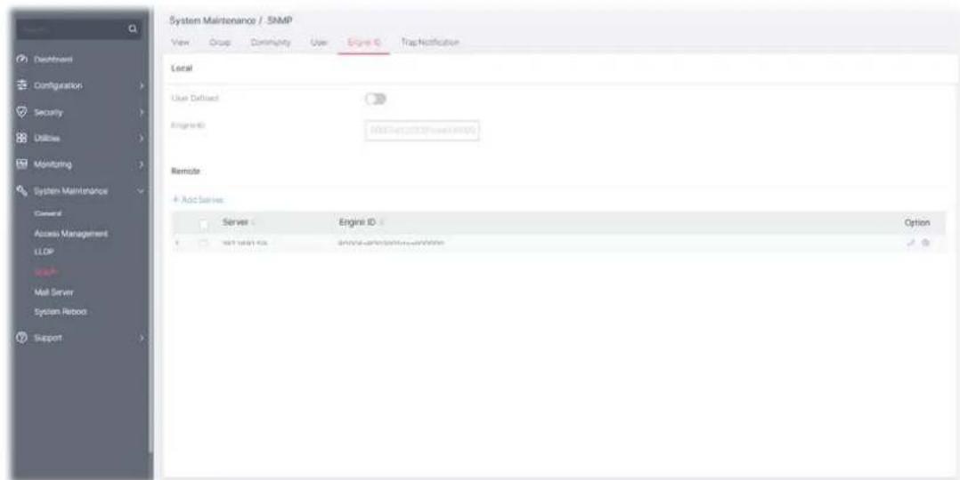 System Maintenance / SNMP View Group Community User Engine ID Trap Notification Local User Defined Engine ID: ADO http://2007/10/2007/10/2007 Remote + Add Serves Server Engine ID Option WST 1001.03 service@wst硬件.xv2007 ✓