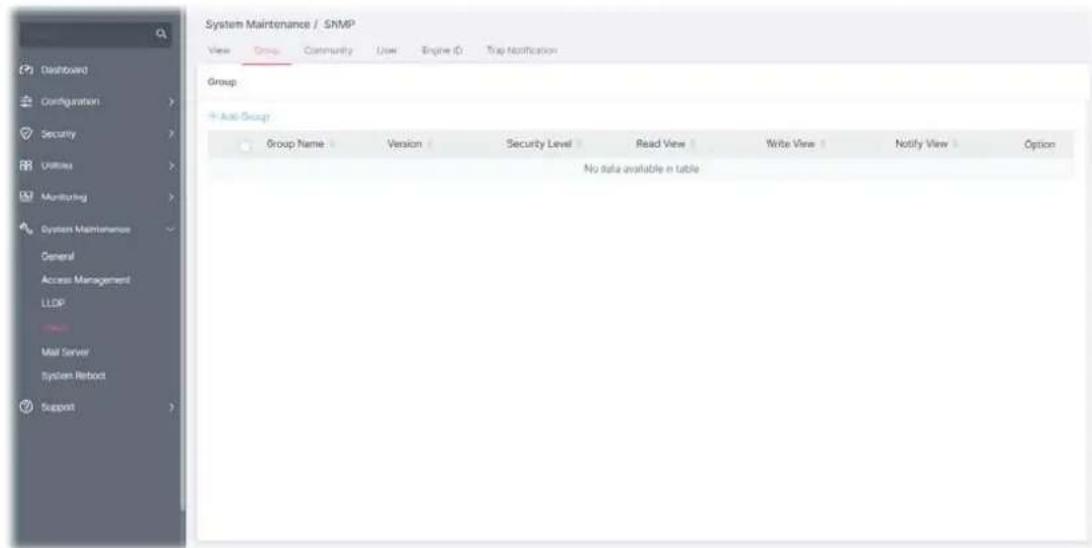 System Maintenance / SNMP View Group Community Use Engine ID Trap Notification Group: + Add Group Group Name Version Security Level Read View Write View Notify View Option No data available in table