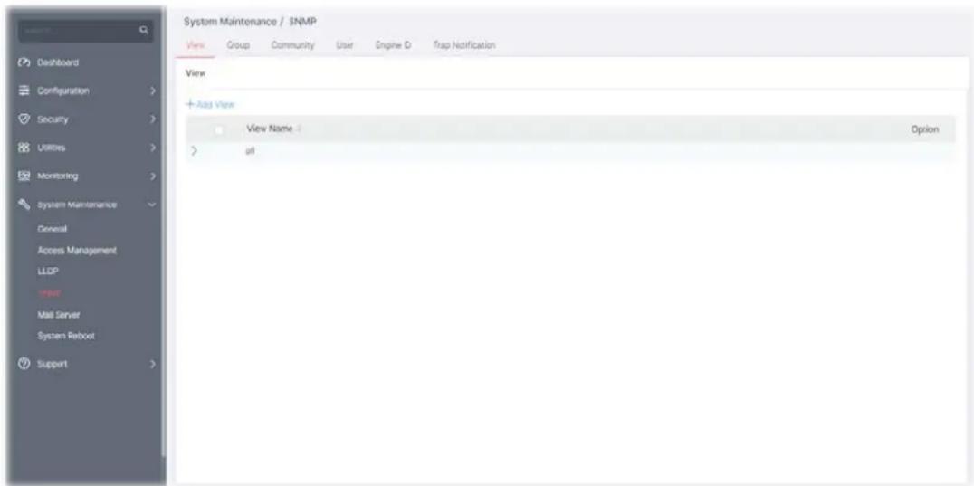 System Maintenance / SNMP View Group Community User Engine D Frap Notification View + Add View View Name: All Options Dashboard Configuration Security Utilities Monitoring System Maintenance General Access Management LLDP User Mail Server System Reboot Support