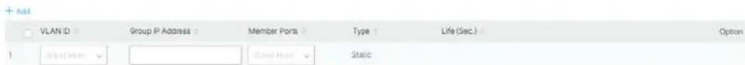 VLAN ID Group IP Address Member Ports Type Life (Sec.) Option 1 State/State Static