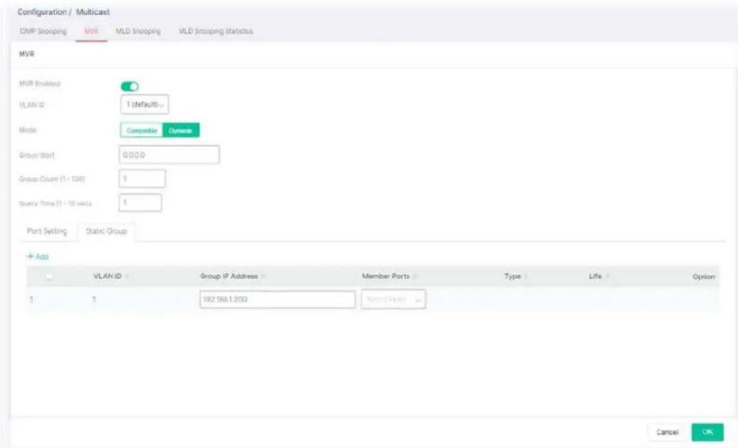 Configuration / Multicast DMP Shopping MVR MLD Shopping MLD Shopping Statistics MVR MVR Enabled VLAN ID 1 (default) Mode Compatible Dynamic Group Start 0.0.0 Group Count (1 - 134) 1 Query Time (1 - 16 next) 1 Port Setting Static Group + Add VLAN ID Group IP Address Member Ports Type Life Option 1 1 192.168.1700 Selected Name Cancel OK