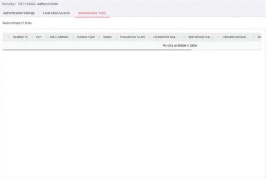 Security / 802.1xMAC Authentication Authentication Settings Local MAC Account Authenticated Hosts Authenticated Hosts Session ID Port MAC Address Current Type Status Operational VLAN Operational Sex... Operational Intac... Operational Que... Jul No data available in table