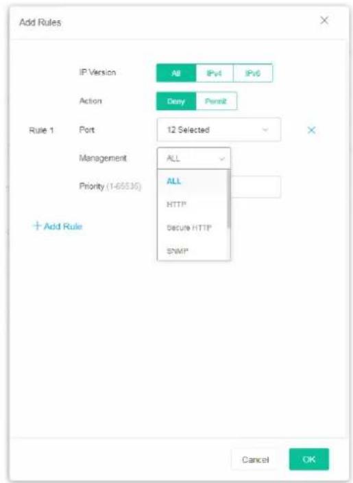 Add Rules IP Version All IPv4 IPv6 Action Denoy Permit Rule 1 Port 12 Selected Management ALL Priority (1-65536) ALL HTTP Secure HTTP SNMP + Add Rule Cancel OK