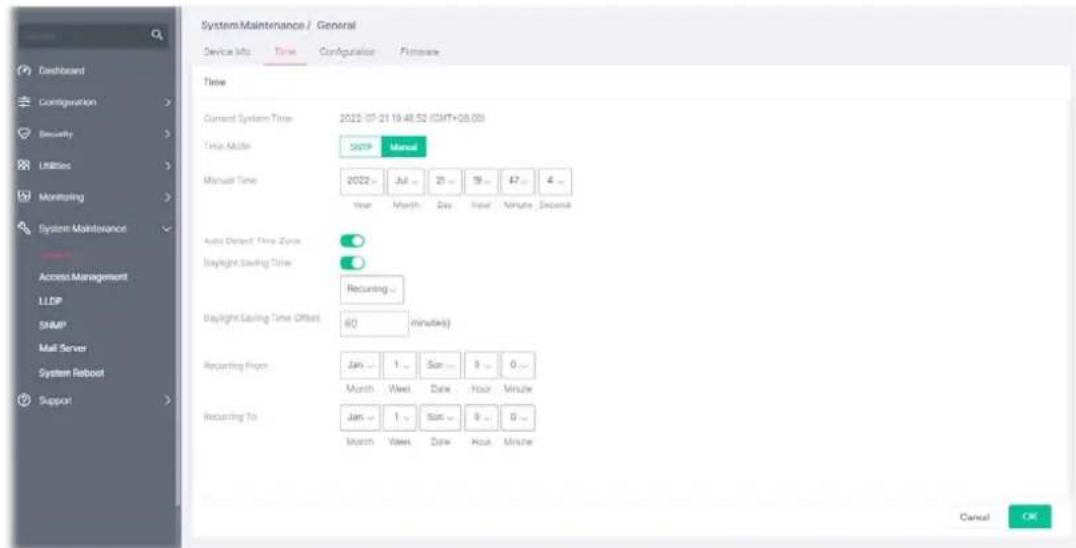 System Maintenance / General Device Info Time Configuration Password Time Current System Time 2023-07-21 19:48:52 (GMT+58.00) Time Module SWITCH Manual Manual Time 2022 - July - 21 - 19 - 47 - 4 - Year Month Day Hour Minutes Seconds Auto Detect Time Zone Daylight Saving Time Recurring Daylight Saving Time Offset 60 minutes Recurring Figs Jan - 1 - Sat - 3 - 0 - Month Week Date Hour Minute Recurring To Jan - 1 - Sat - 3 - 0 - Month View Date Hour Minute Cancel OK