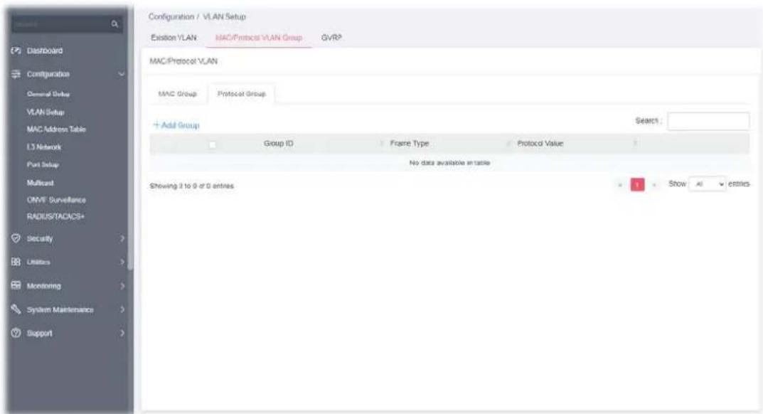 Configuration / VLAN Setup Emission VLAN MAC/Protocol VLAN Group GVRP MAC/Protocol VLAN MAC Group Protocol Group + Add Group Search : Group ID Frame Type Protocol Value No data available in table Showing 3 to 9 of 0 entries Show All entries