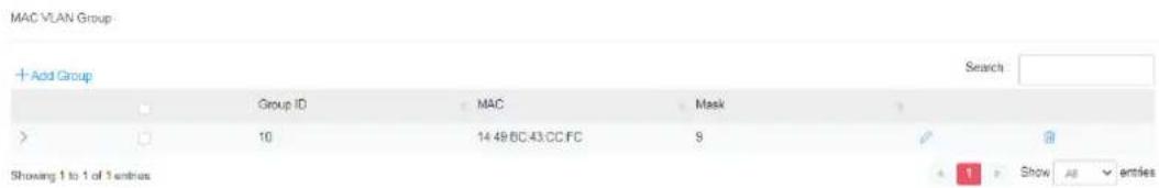MAC VLAN Group + Add Group Search : Group ID MAC Mask 10 14 49/BC-43/CC/FC S Showing 1 to 1 of 1 entras 1 Show All entries